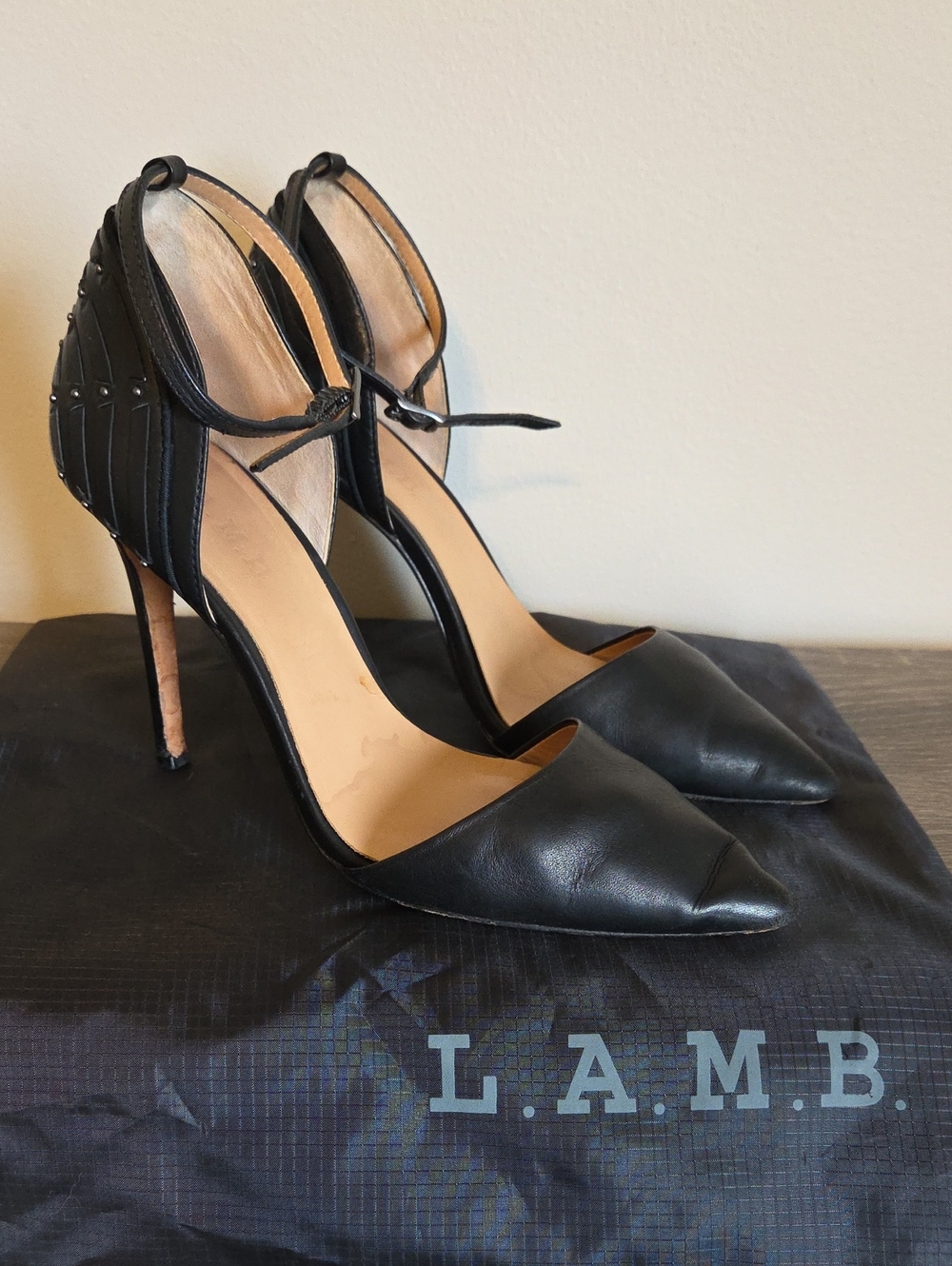 L.A.M.B. Y2K Black Pointed-Toe Ankle-Strap Studded Stiletto Heels